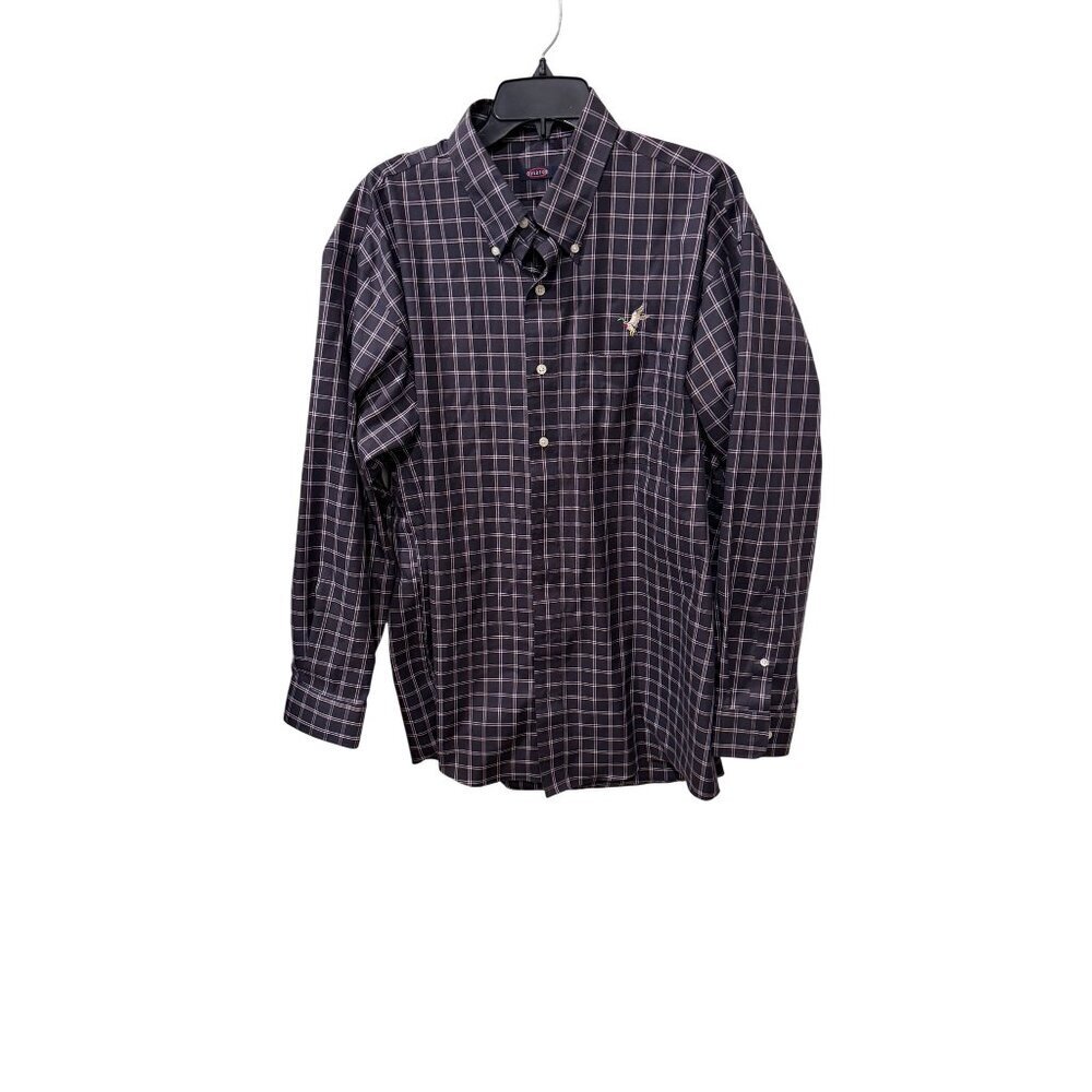 Overton Mens XL Navy Plaid Button-Down Shirt With Embroidered Duck Logo